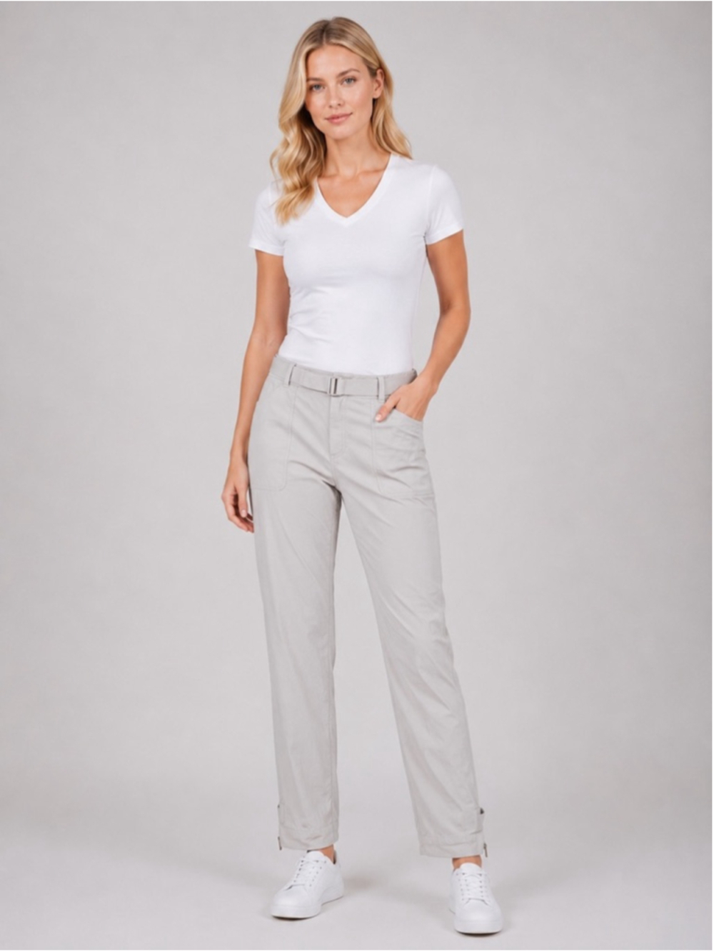 Athleta Trekkie North Jogger Pants Birch Gray Belted Trail Hiking Utility Sz 10